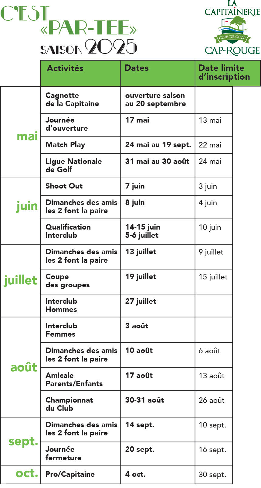 CALENDRIER DES ACTIVITS 2025