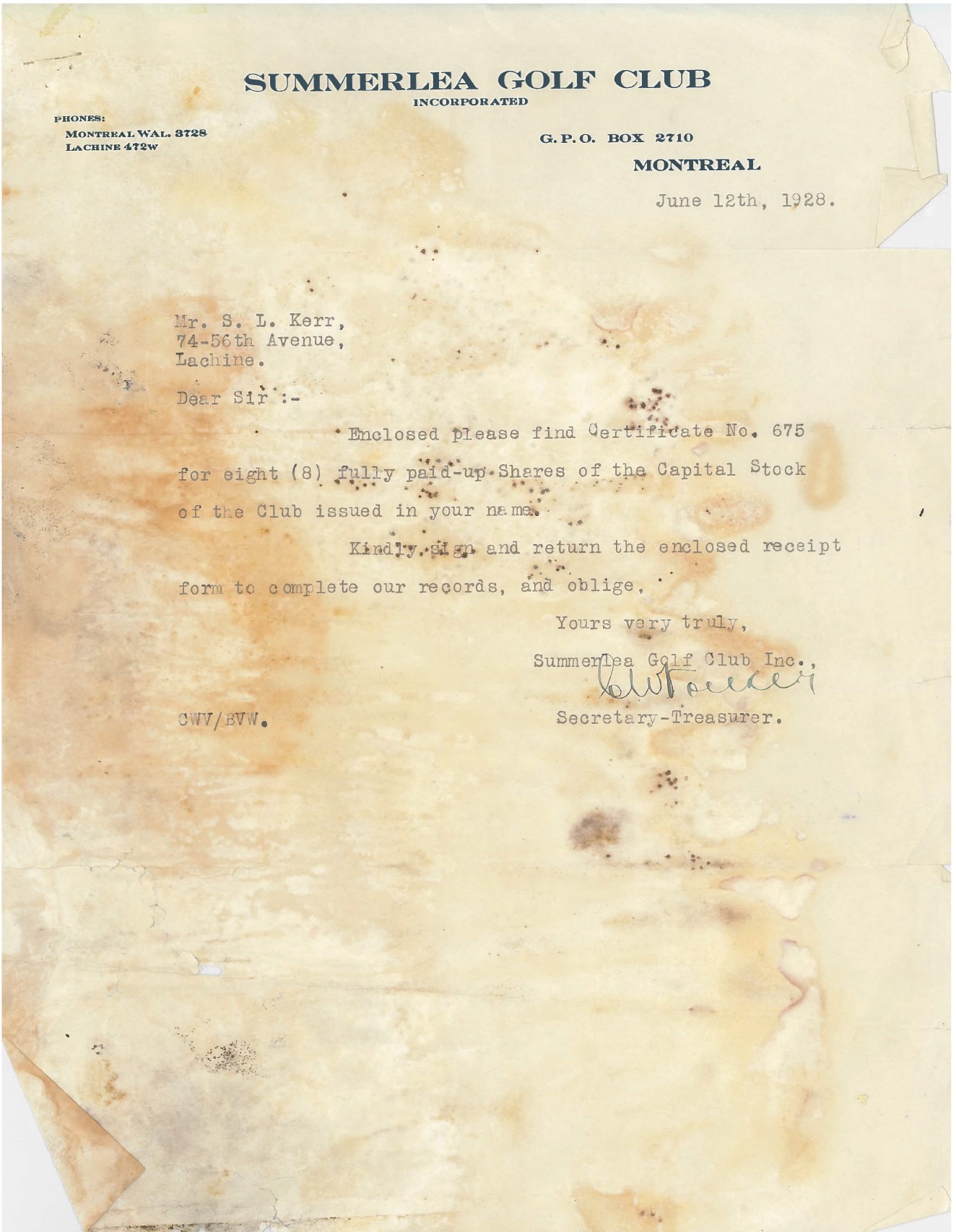 1928 Share letter