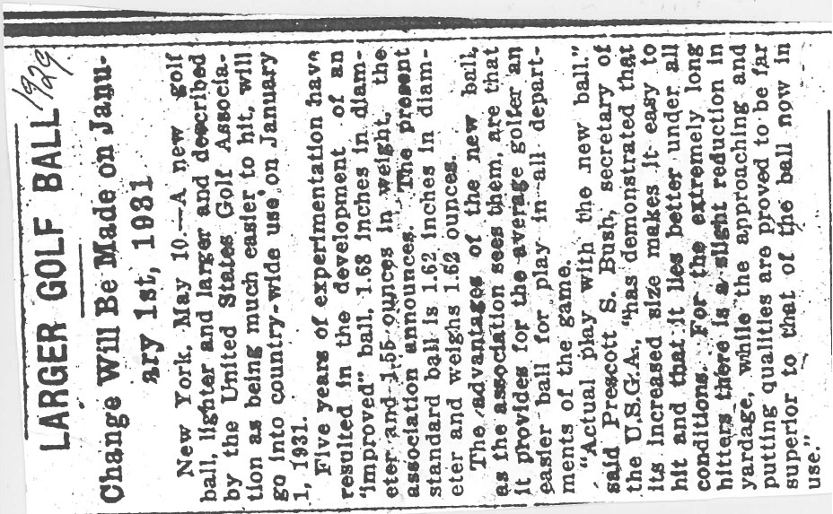 1929 News article on larger golf ball coming in 1931