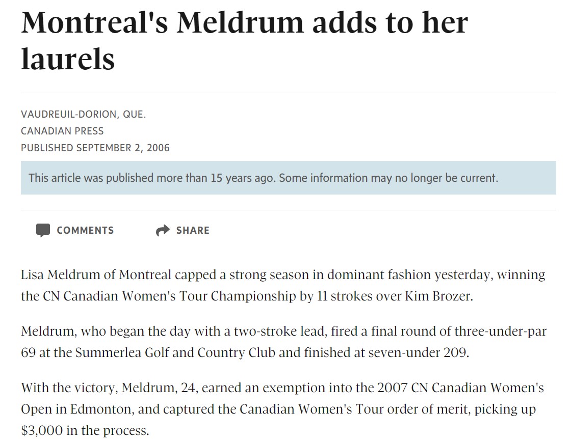 2006 09 02 Lisa Meldrum wins Canadian Tour Championshop Globe and Mail